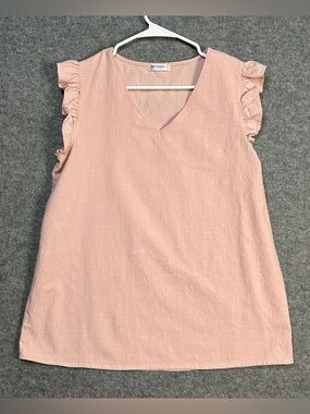 Hotouch Women's Large Blush Pink Crinkle Gauze Ruffle Sleeve V-Neck Cotton Top